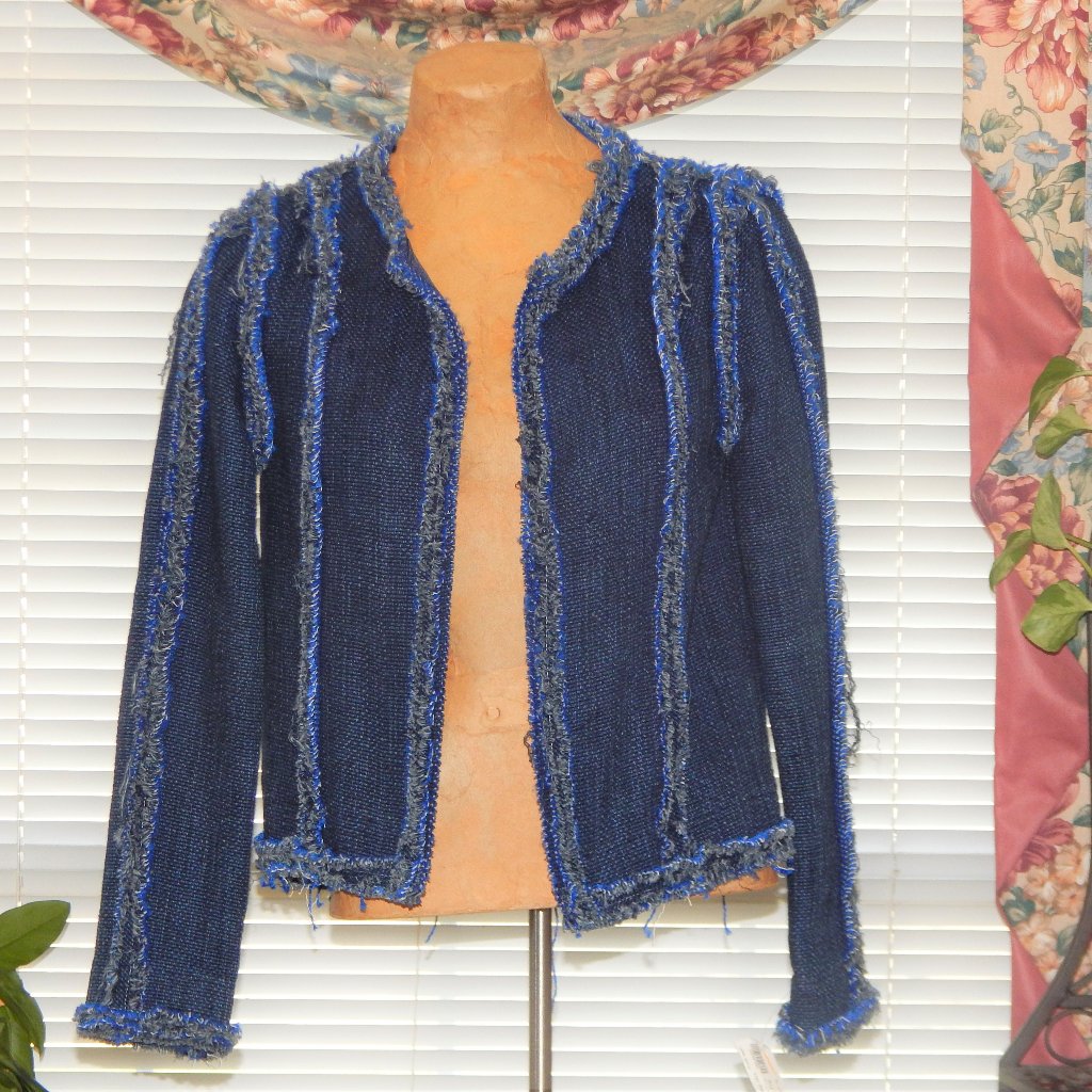 Nwt $388 Roi By Angela Roi Funky Blue Frayed Edge Swing Jacket Xs 2 4